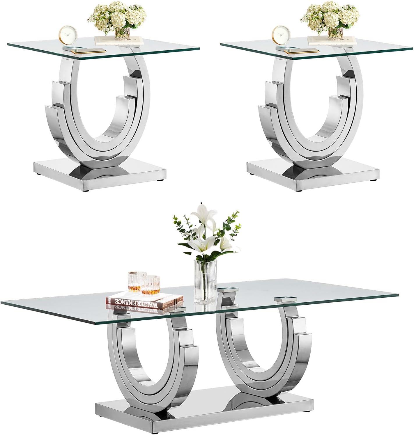3 Pieces Living Room Table Set, Glass Coffee Table Set of 3, Modern Coffee Table and 2 End Tables with Three U-Shaped Stainless Steel Base for Living Room (Silver)