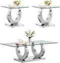 SSLine Modern 3 Piece Living Room Table Set, Include 1 Coffee Table and 2 End Tables, Luxury Silver Glass Coffee End Table Set with Ring-Shape Stainless Steel Base