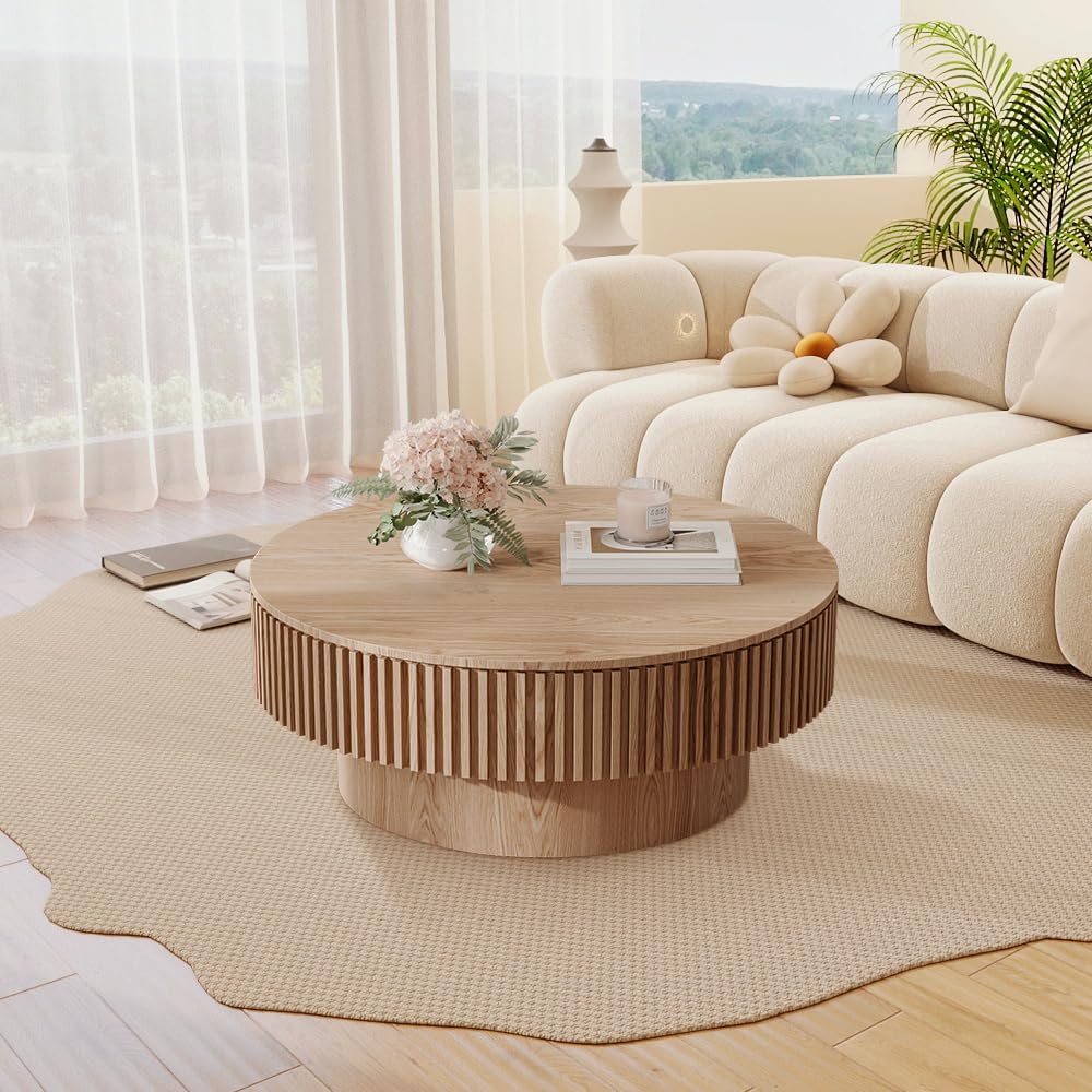 31.5'' Round Coffee Table for Living Room, Fluted Coffee Table with Hidden Storage, Solid Wood Circle Table, Modern Tea Table for Small Space Apartment-Natural Wood 31.5''D×14''H