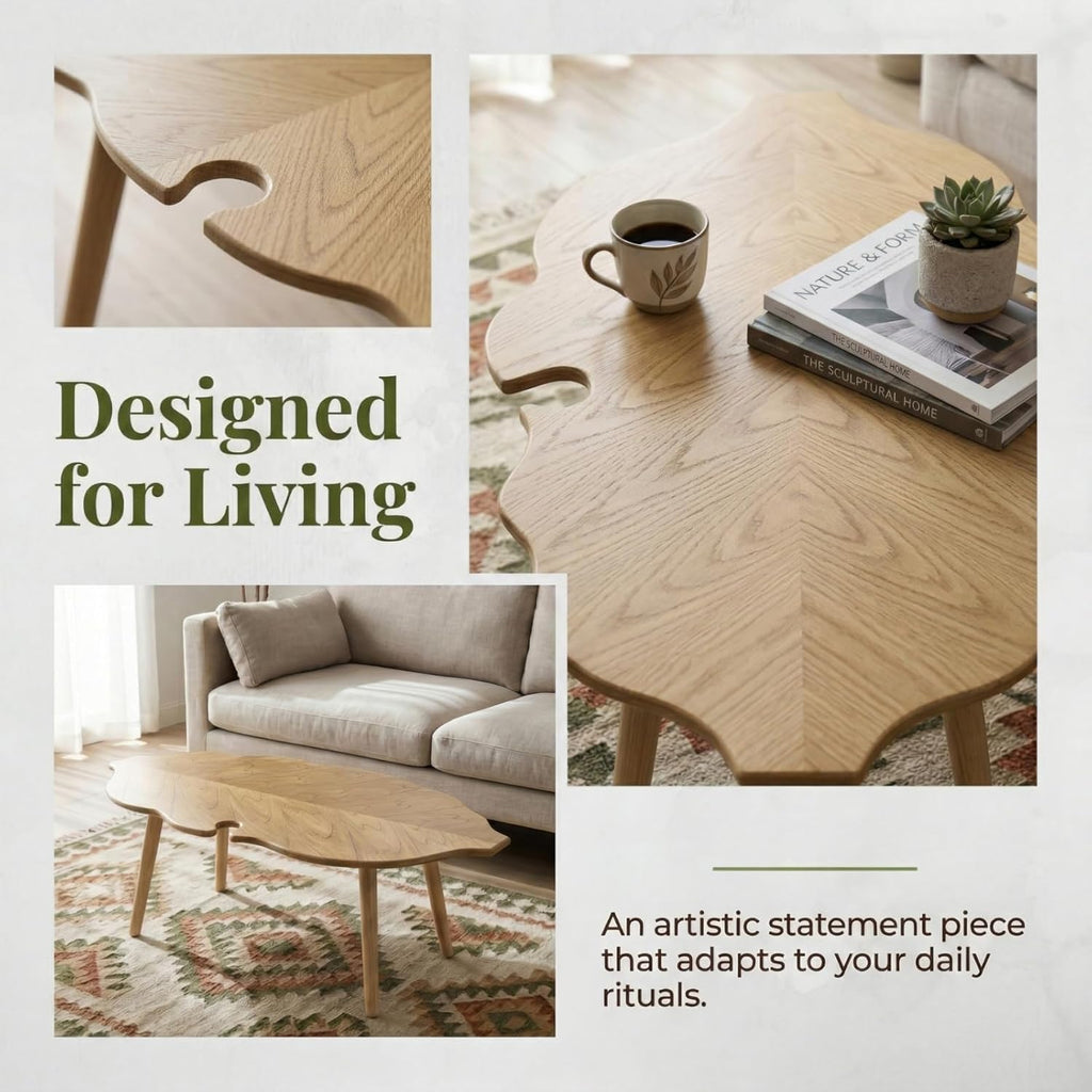HNY Modern Coffee Table for Living Room, Natural Wood Coffee Table Farmhouse Center Table Vivid Leaf Table End Table with Rustic Grain Side Table with Wood Leg for Bedroom Office Cafe Small Space