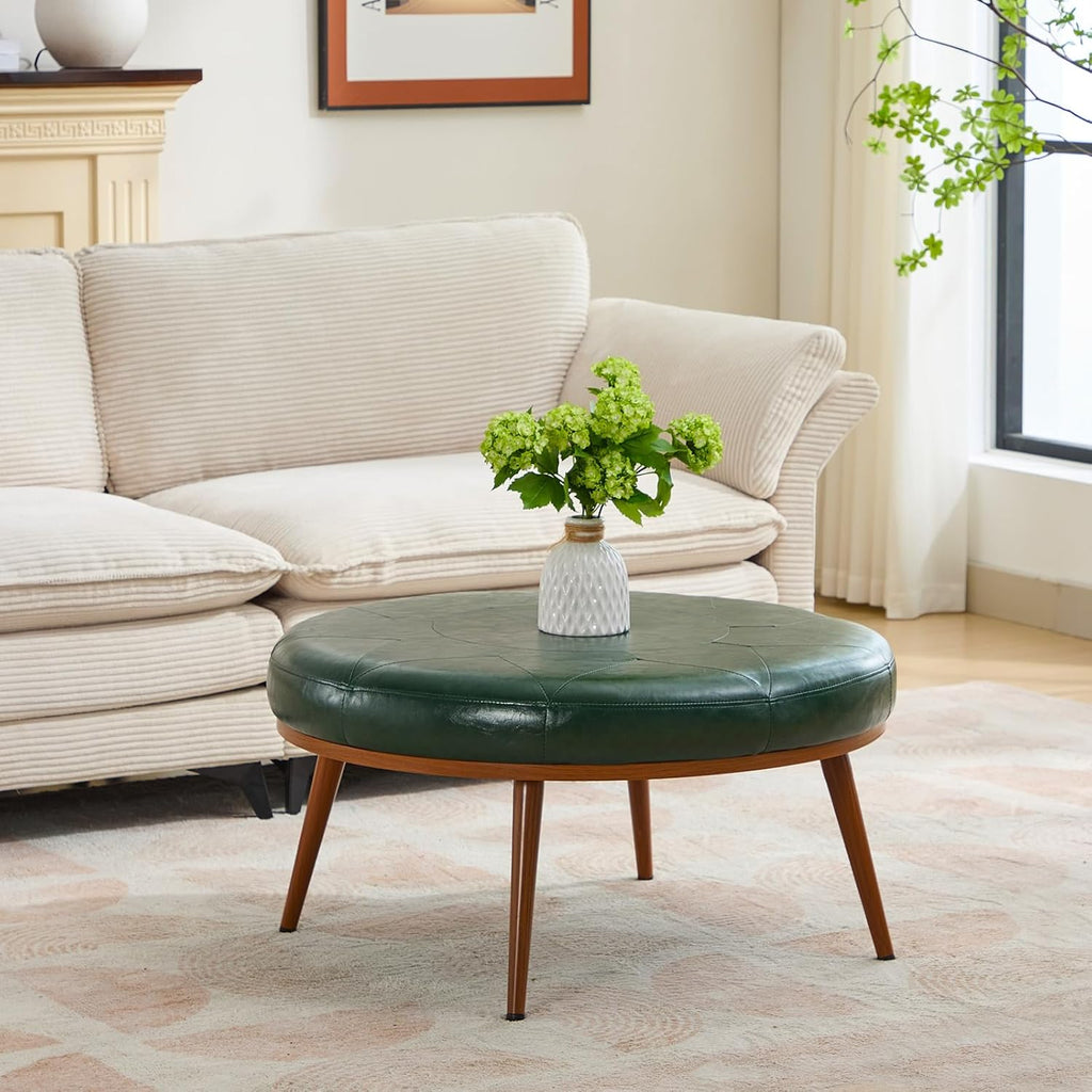 Round Ottoman, Large Faux Leather Footstool and Coffee Table, Cushioned Backless Chair for Living Room & Bedroom, Padded Seat Footrest, (Green)