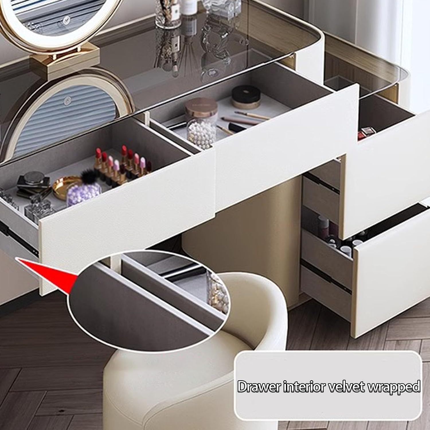 Makeup Vanity Set with Lighted Mirror, Dressing Table with Tempered Glass Tabletop and 4 Drawer, Vanity Desk with Nightstand, Cushioned Stool, 3 Color Lighting Modes,Grey 47.2'/120cm