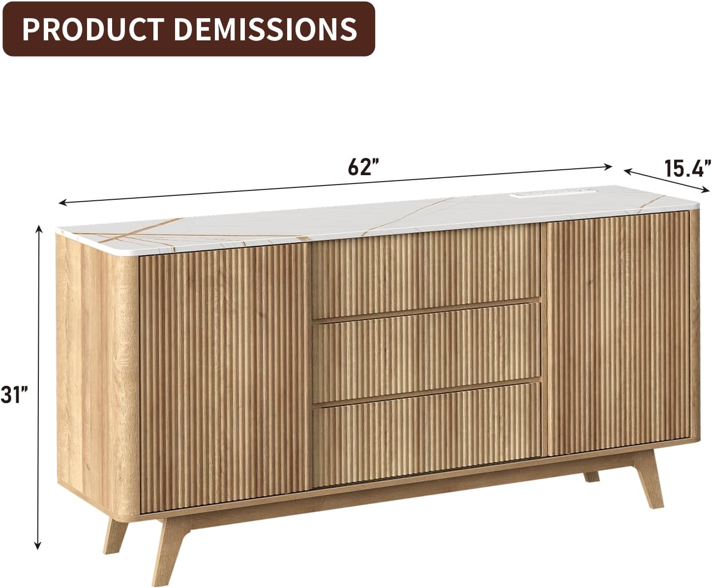 Yanosaku 62' W Fluted Buffet Cabinet with Sliding Doors, Modern Sideboard Storage Cabinet with Power Outlet & 3 Drawers, Mid-Century Coffee Bar Table for Living Room, Dinning Room, Natural