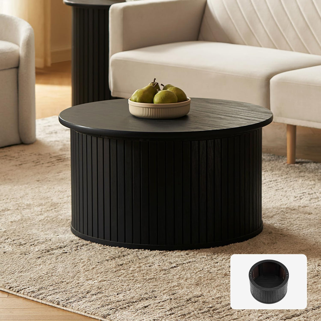mopio Quin Tambour Round Circle Coffee Table with Storage, Drum Accent, Mid Century Modern, Wood, Fluted Center, Tea Table with Removable Lid, Living Room (Black Oak)