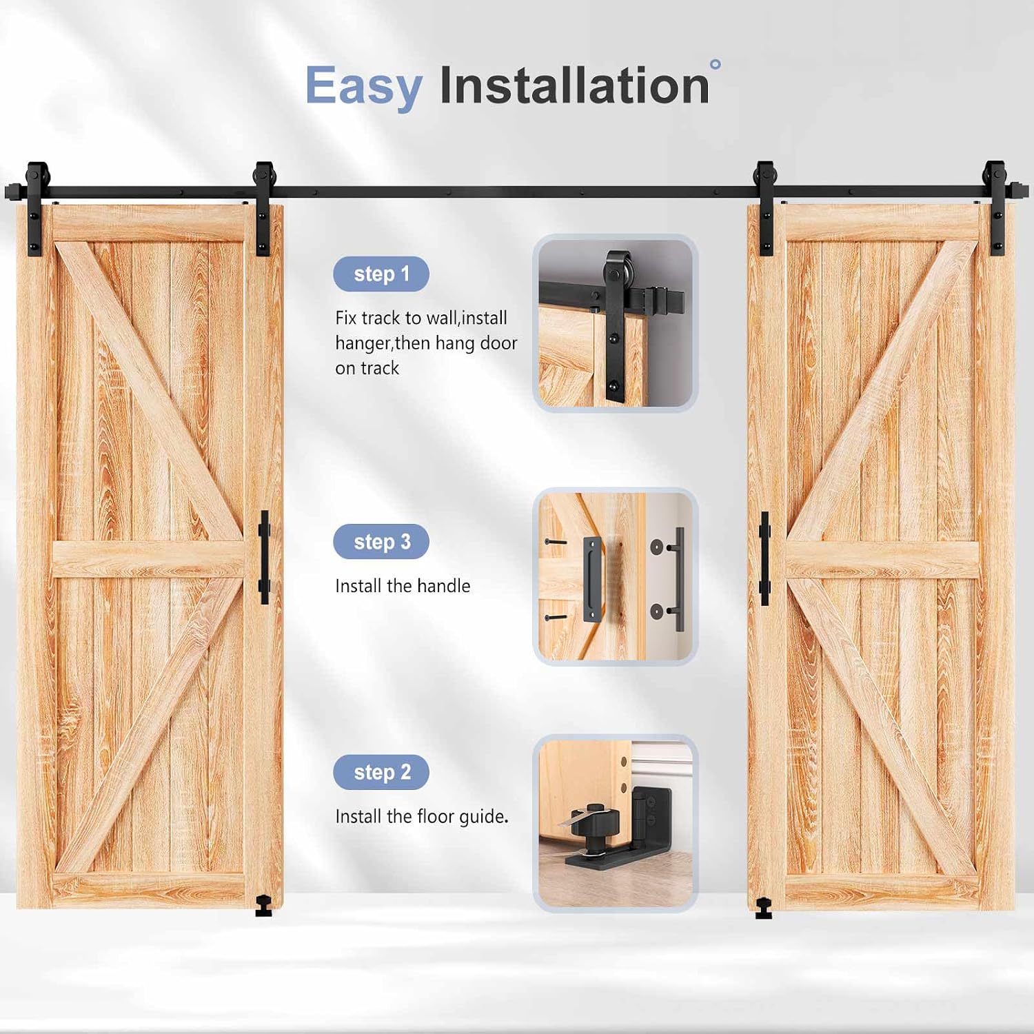 EaseLife 10 FT Double Sliding Barn Door Track and Handle Hardware Kit,Basic J Pulley,Slide Smoothly Quietly,Easy Install (10FT Track Kit for 27'~30' Wide Double Door)