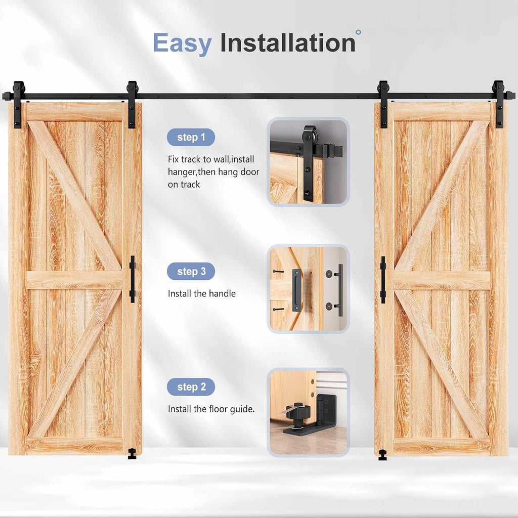 EaseLife 12 FT Double Sliding Barn Door Track and Handle Hardware Kit,Basic J Pulley,Slide Smoothly Quietly,Easy Install (12FT Track Kit for 33'~36' Wide Double Door)