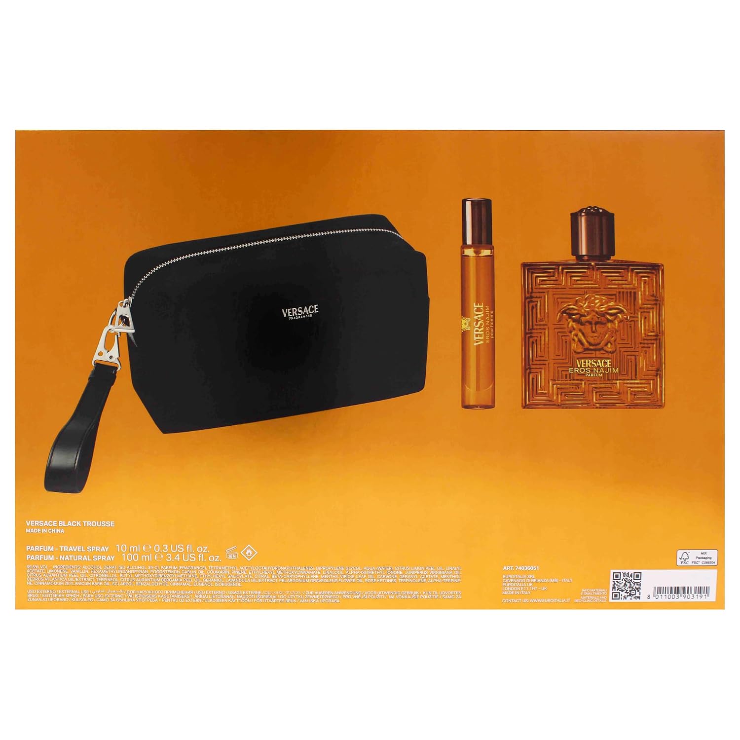 Eros Najim by Versace for Men - 3 Pc Gift Set 3.4oz Parfum Spray, 0.3oz Parfum Spray (Mini), Pouch