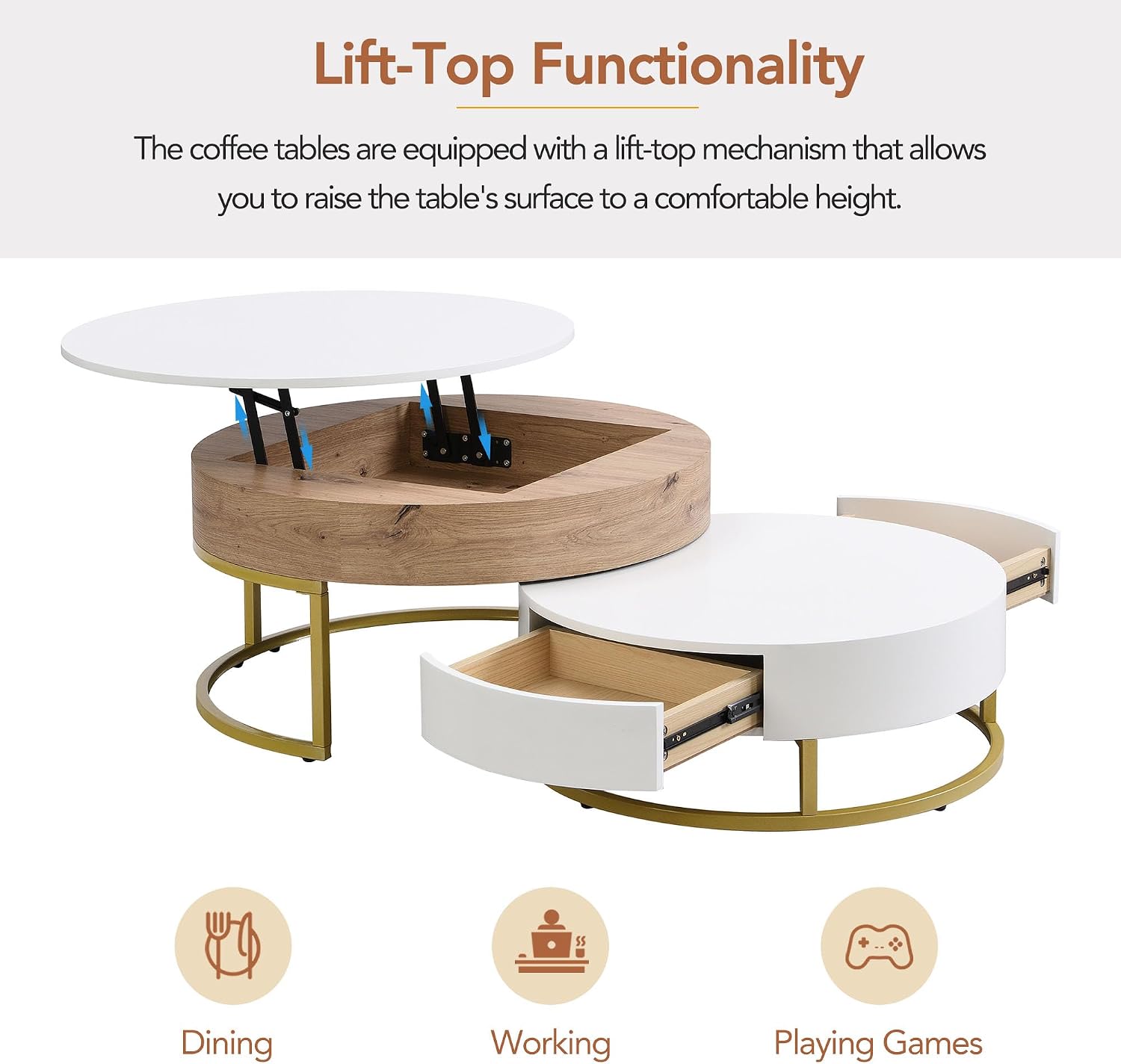 Round Lift-Top Nesting Coffee Table Set of 2, Modern Coffee Table with 2 Storage Drawers, Circular Wood Center Table Set for Living Room, Apartment, White & Oak