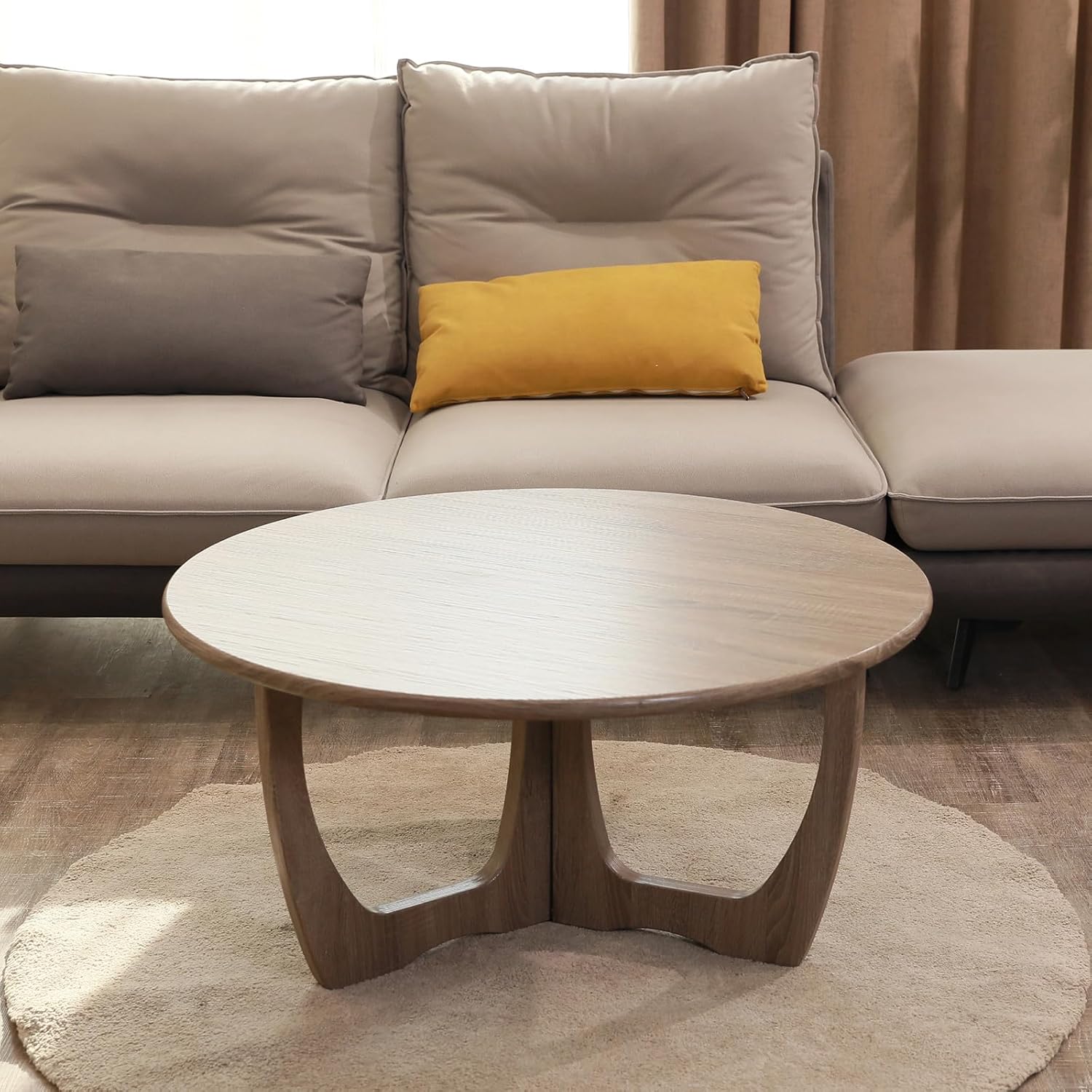 FINECASA Wooden Round Coffee Table, Curved Leg, Furniture, Accent Couch, Coffee Table for Livingroom, Round Wood Table, 36 x 18 Inches, Natural
