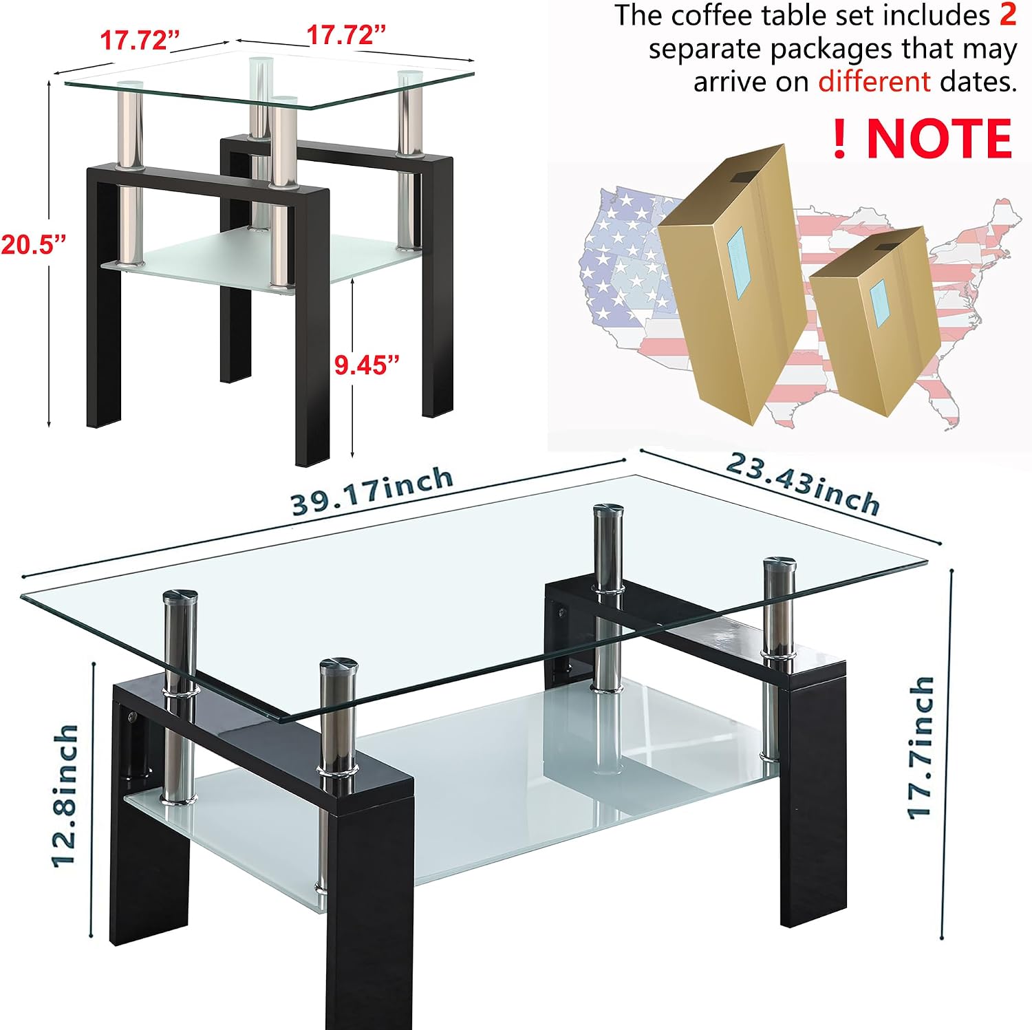 Glass Coffee Table Sets of 3 for Living Room, Mordern End Table Sofa Side Tables with Storage, Black Metal Leg, Rectangle Tempered Center Table Home Furniture Set (Clear)