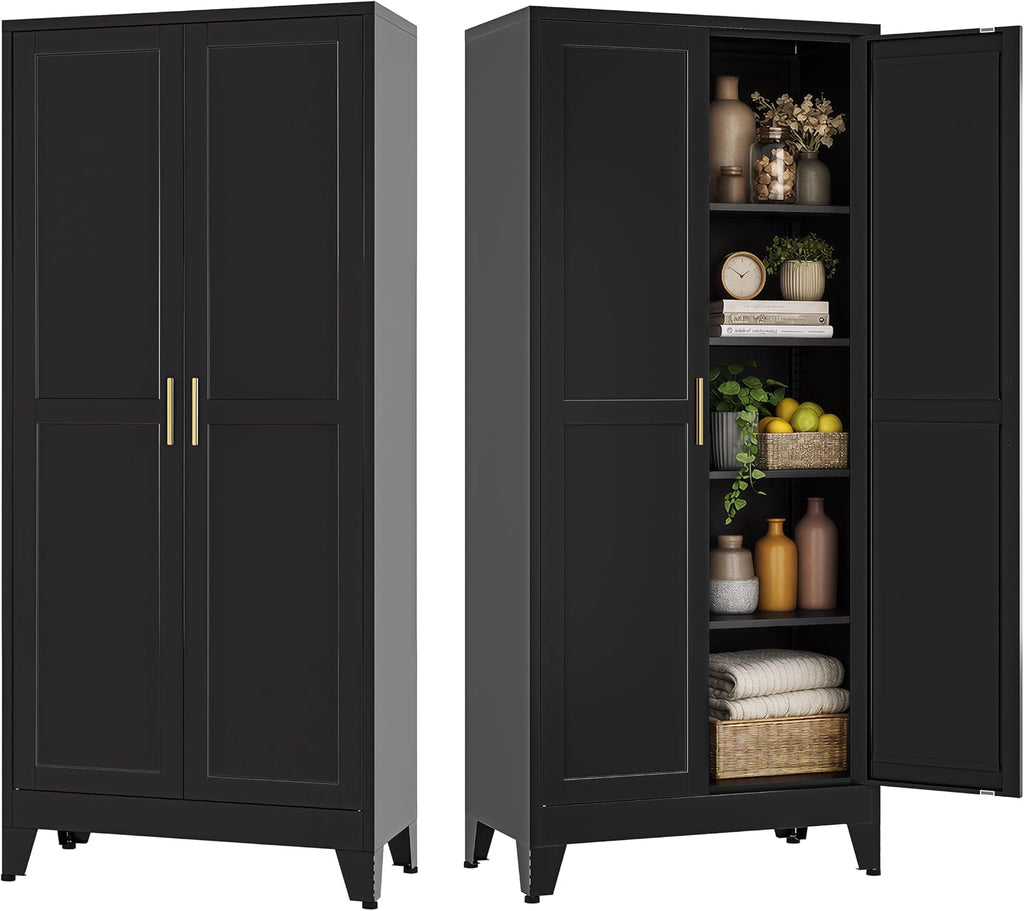 Bevivog Black Tall Bathroom Storage Cabinet, 71' Tall Utility Pantry Cabinets with Doors and Shelves, Metal Storage Cabinet for Garage Office Kitchen Pantry Laundry Room