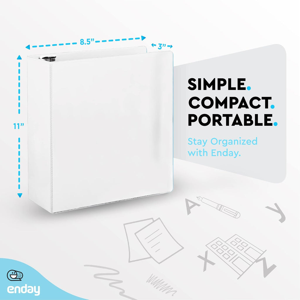 3 Inch Binders 3 Ring, White 3 Inch Round Ring Binder with Clear View Cover & 2 Inside Pockets, School Supplies Binders (24 PC) – by Enday