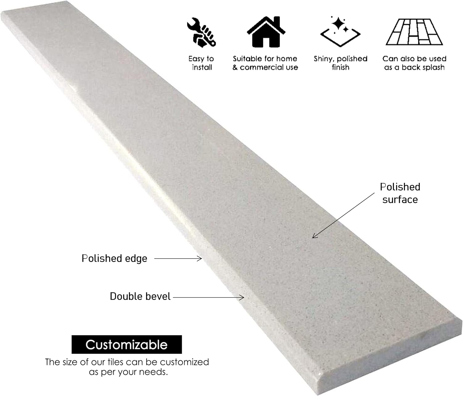 Tenedos Silver Grey Granite Look Engineered Marble Quartz Threshold Saddle Polished 4 x 36 Inch for Doorway Transition Bathroom Kitchen Floor Step