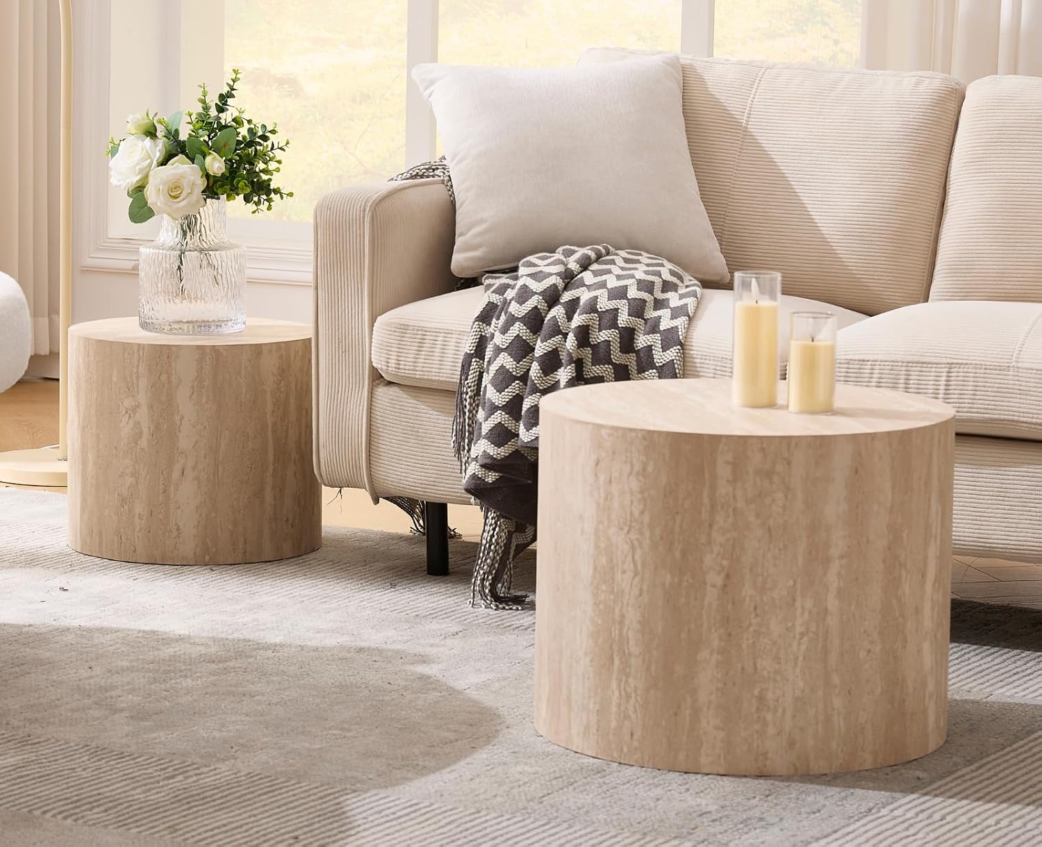 EALSON Nesting Coffee Tables Set of 2 Farmhouse Small Round End Tables Modern Circle Side Table Drum Table for Living Room/Small Spaces/Bedroom/Balcony, No Assembly, Travertine