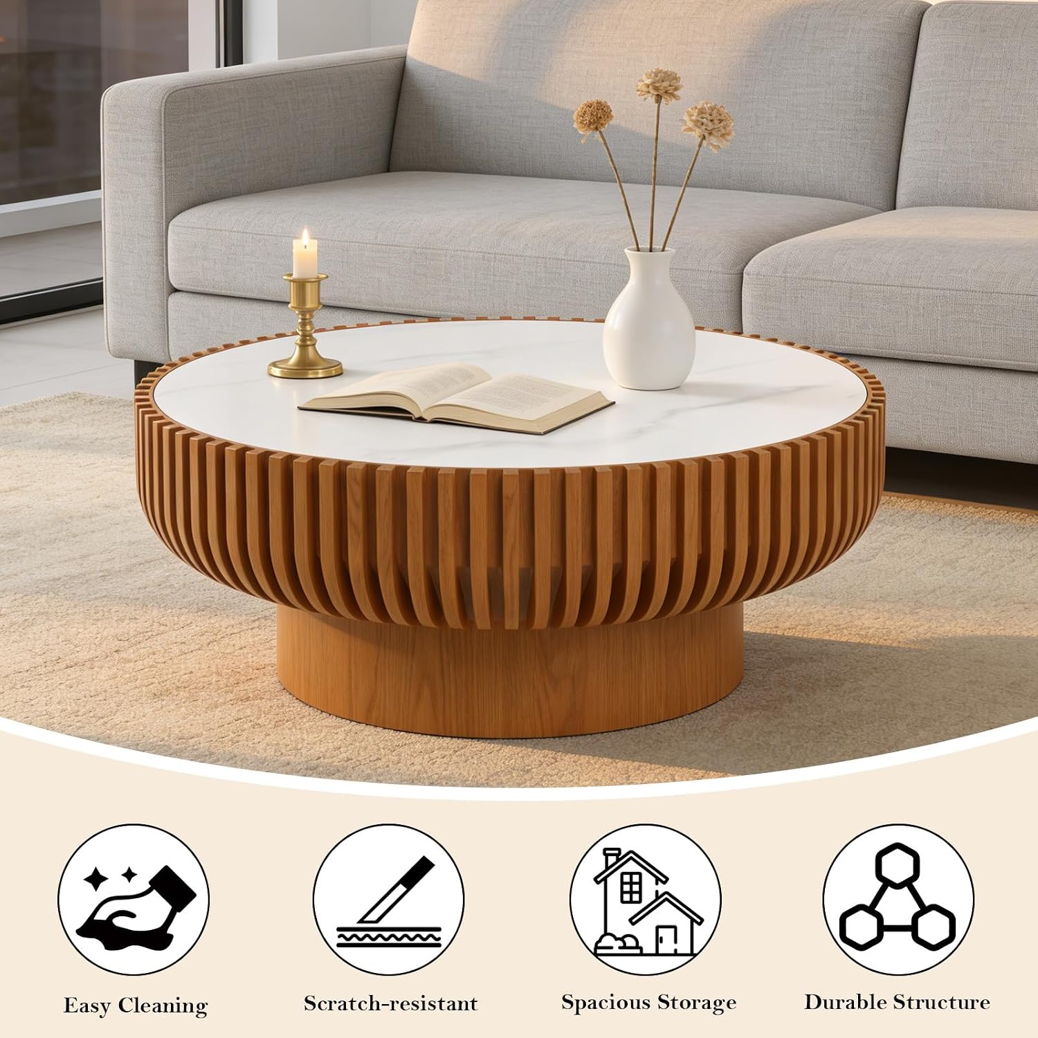 31.5' Round Fluted Coffee Table Unique Contemporary Wood Low Circle Drum Tea Tables with Spacious Rock Slab Tabletop & Sturdy Pedestal for Small Space (K 31.5in)