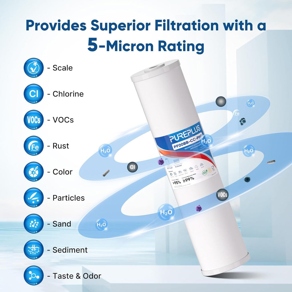 PUREPLUS 5 Micron 20' x 4.5' Whole House Anti Scale Sediment Home Water Filter Replacement Cartridge, Sediment & Chlorine Reduction, PHO Polyphosphate Anti-Scale Filter, 2 Pack