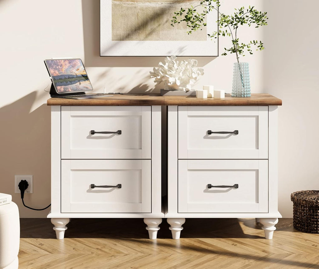 WAMPAT 3 Pieces Living Room Table Set, Set of 2 Nightstands Side Tables with Charging Station, One Square Coffee Table with Lift Top & Cabinet, White
