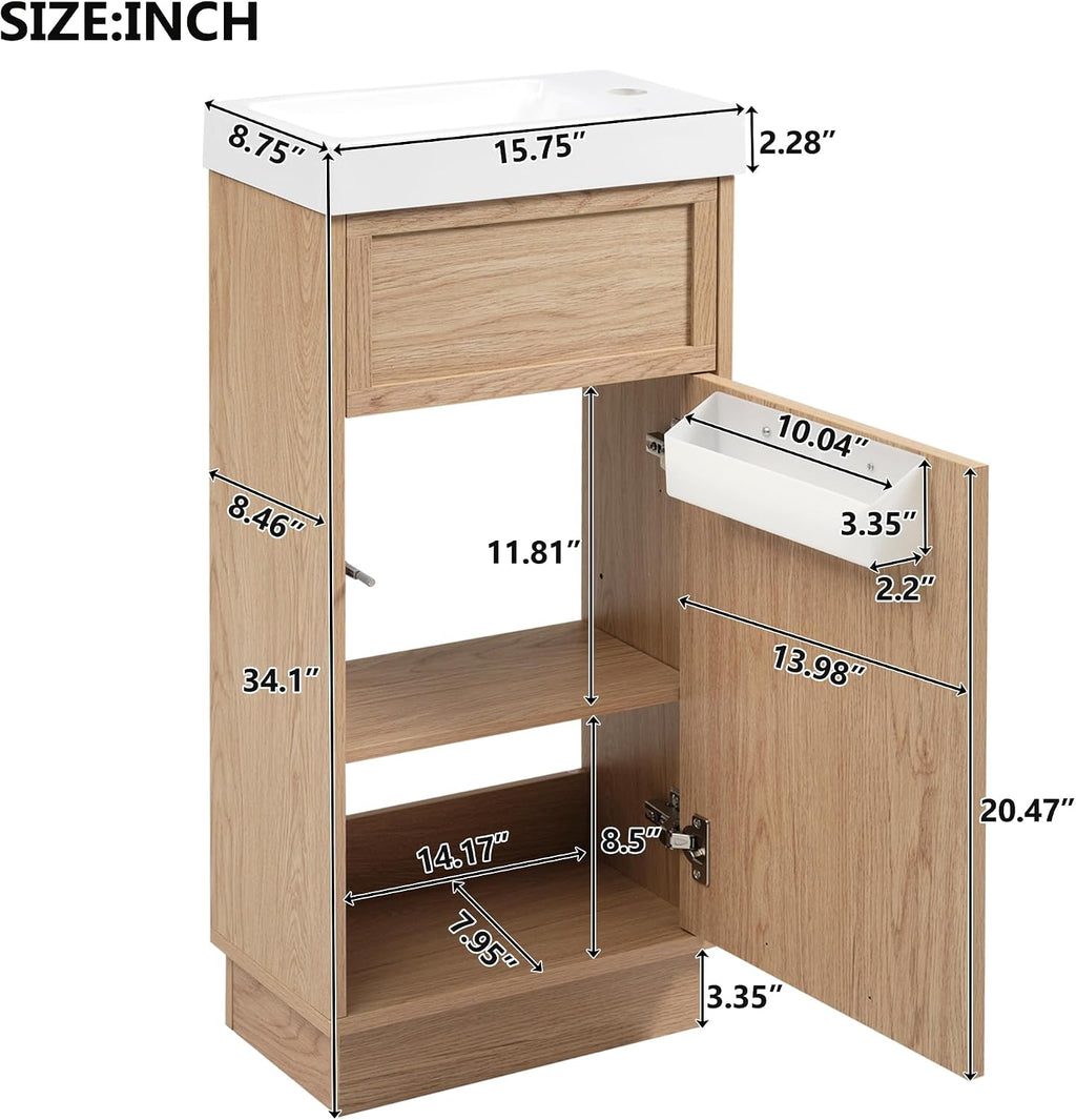 15.75' Rustic Bathroom Vanity with MDF Cabinet & Adjustable Shelf, Stylish Reversible Resin Sink & Push-to-Open Door - Perfect for Small Spaces!