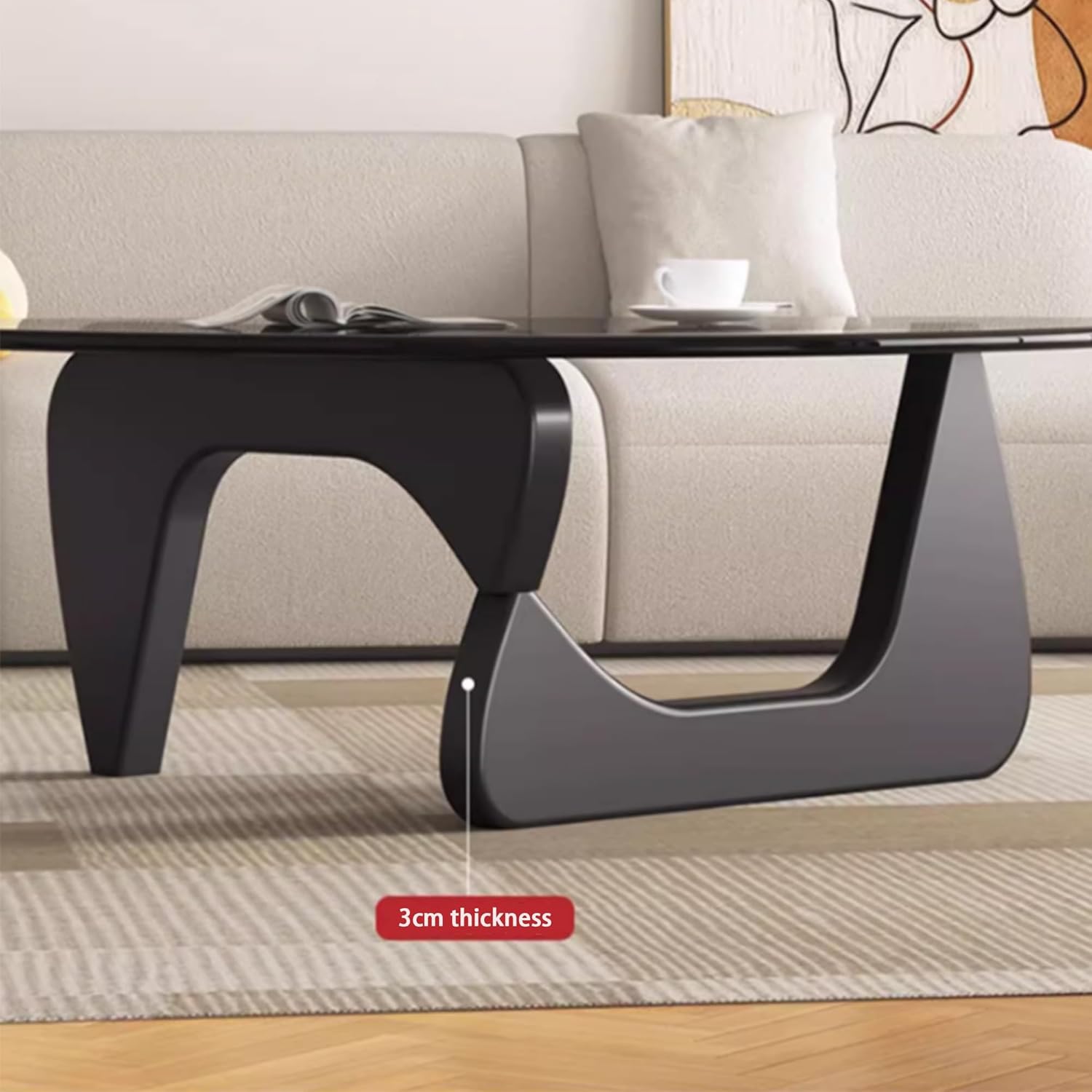EASYSOUL Modern Glass Coffee Table, 44.88' D x 32.28' W x 15.75' H, Abstract Round Tea Tables for Living Room Home Office Industrial Cocktail Tables (Black-Gray Glass, 44.88')
