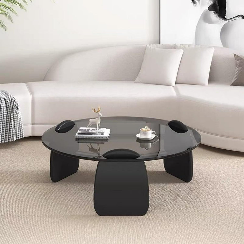 EASYSOUL Modern Round Coffee Table with Glass Top, 35.43' L x 35.43' W x 14.69' H, Circular Tea Tables for Living Room Home Office Industrial Cocktail Tables (Black-Grey Glass/35.43 ')
