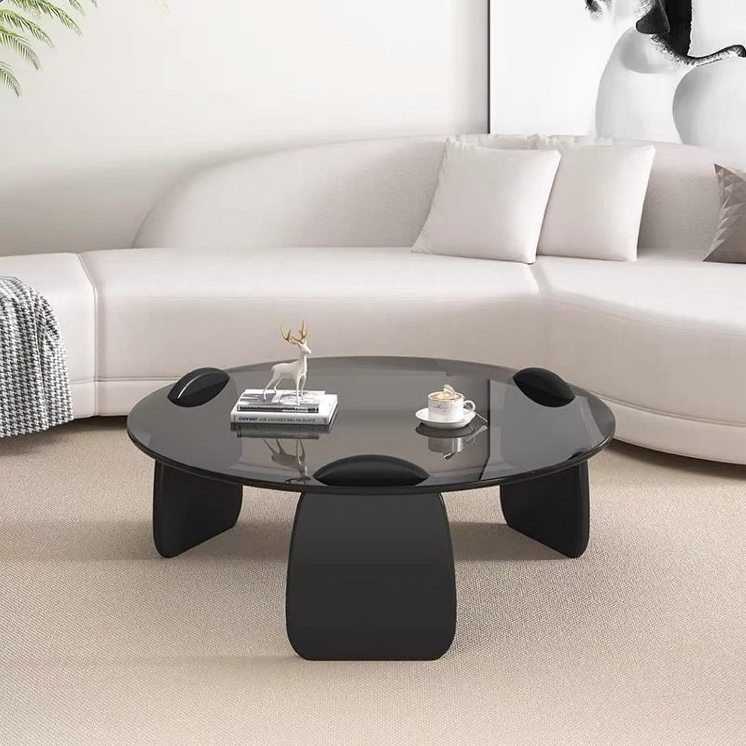 EASYSOUL Modern Round Coffee Table with Glass Top, 35.43' L x 35.43' W x 14.69' H, Circular Tea Tables for Living Room Home Office Industrial Cocktail Tables (Black-Grey Glass/35.43 ')