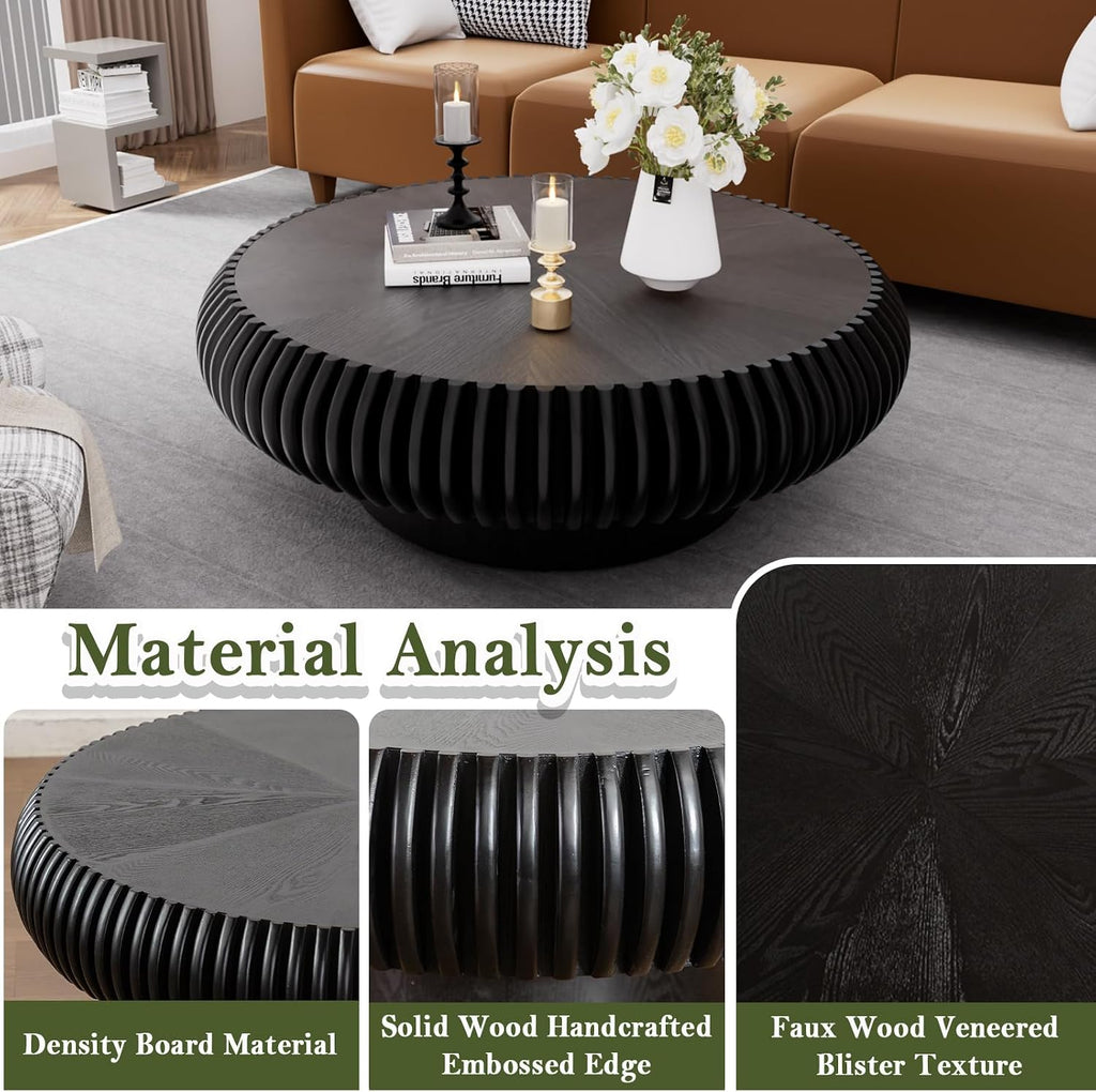 Round Fluted Drum Coffee Table Modern Round Black Fluted Coffee Table Low Circle Coffee Tables for Living Room (Black A, 39.3')