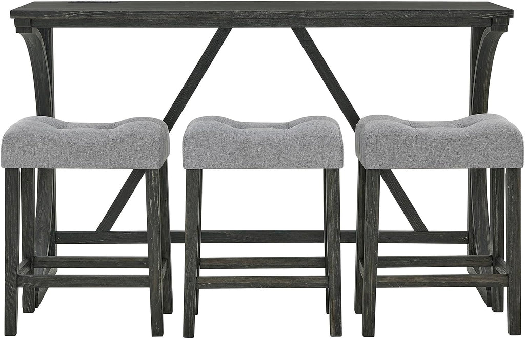 Merax 59 Inch Industrial Bar Table Set with Power Outlet, 3 Linen Upholstered Stools, Counter Height Table Set with 24 Inch Seat Height Stools for Kitchen, Living Room,Black+Light Gray