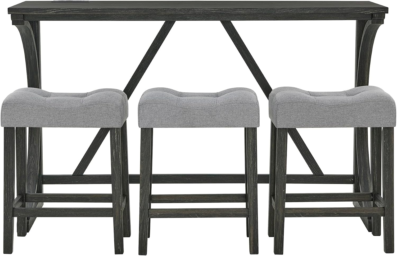 Merax 59 Inch Industrial Bar Table Set with Power Outlet, 3 Linen Upholstered Stools, Counter Height Table Set with 24 Inch Seat Height Stools for Kitchen, Living Room,Black+Light Gray