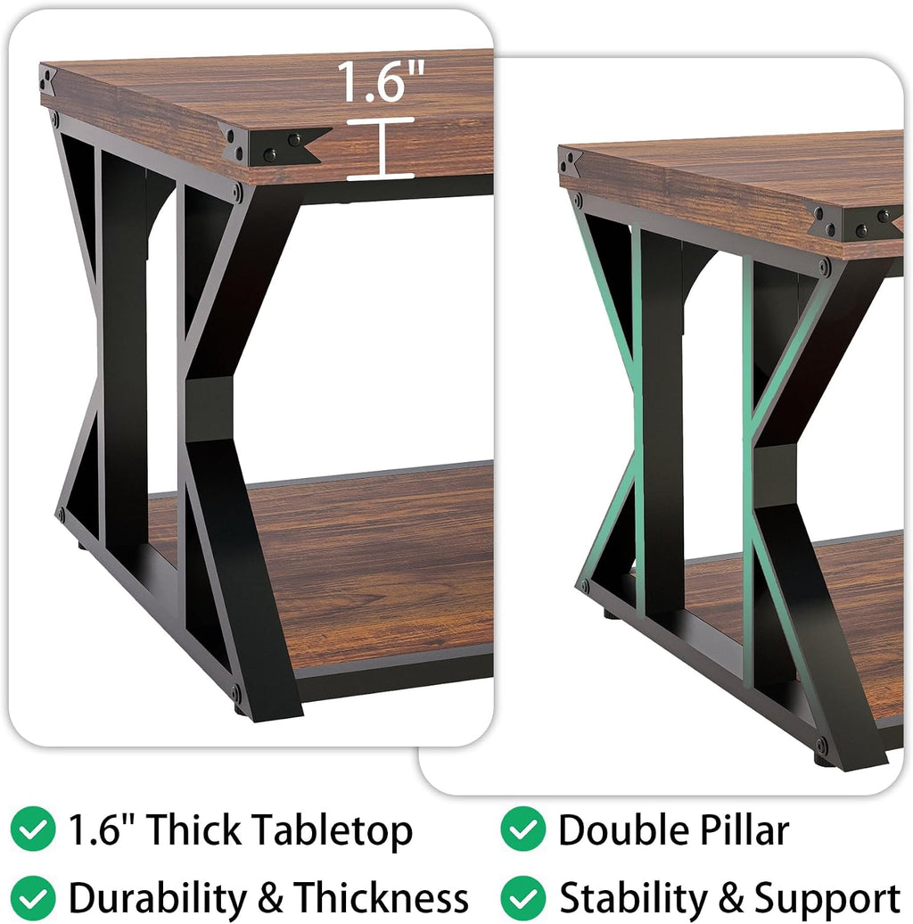 43 Inch Industrial Coffee Table, 2-Tier Rectangle Center Table with Storage Shelf, Wood and Metal Cocktail Table for Living Room, Rustic Brown