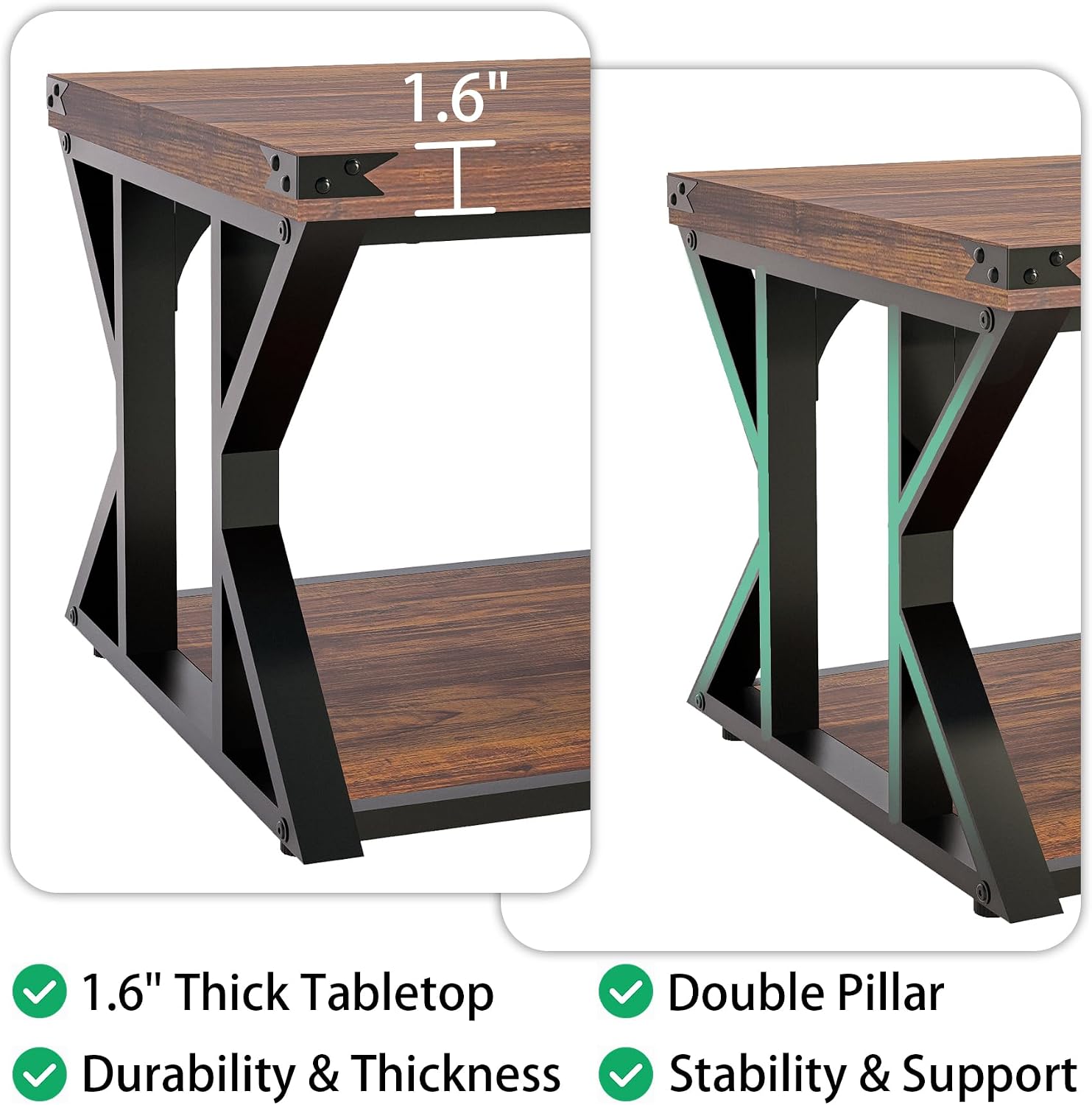 43 Inch Industrial Coffee Table, 2-Tier Rectangle Center Table with Storage Shelf, Wood and Metal Cocktail Table for Living Room, Rustic Brown