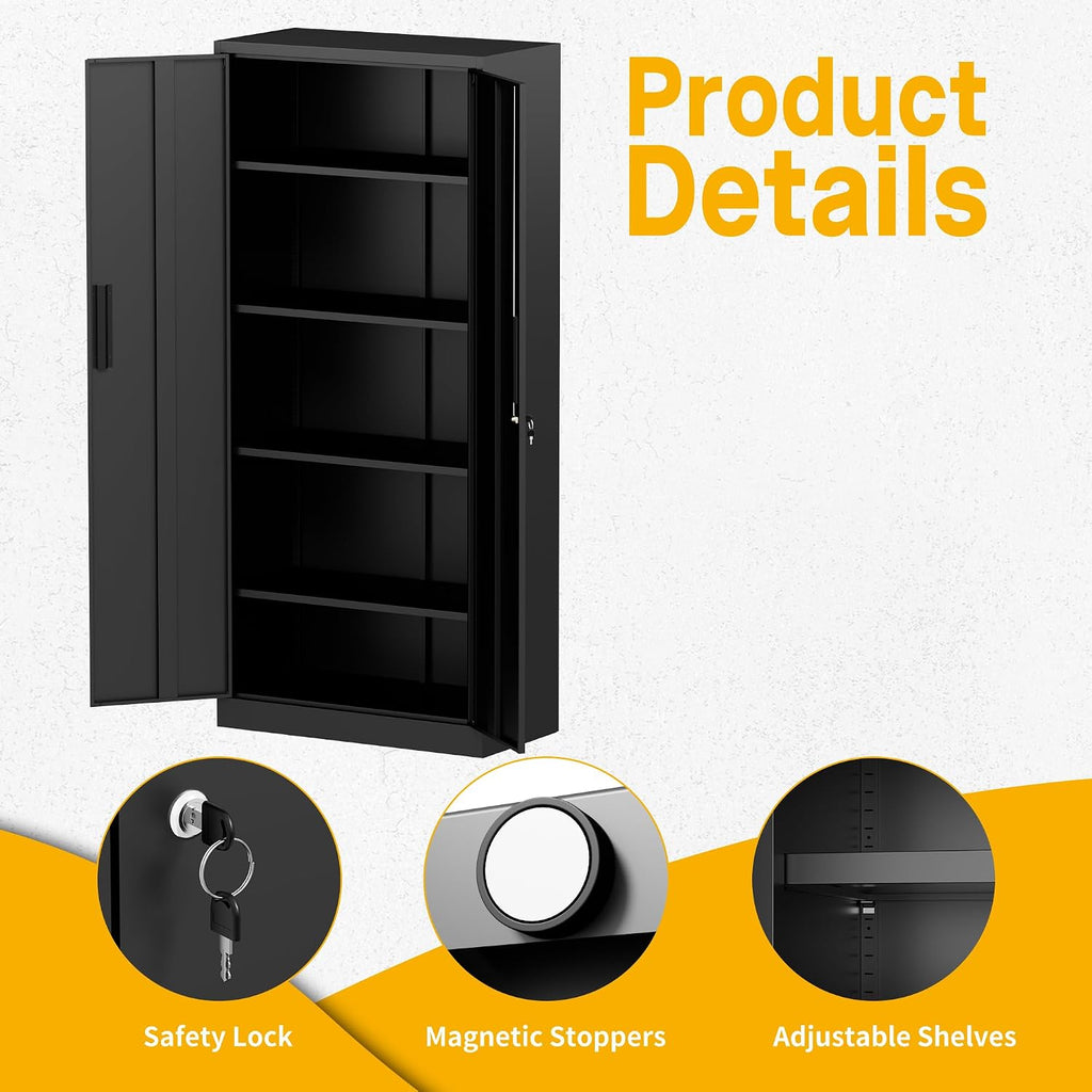 Metal Storage Cabinet with 2 Doors and 4 Adjustable Shelves, 71' Garage Storage Cabinet with Anti-Tipping Design, Lockable Garage Cabinets for Office, Home, Garage, Gym, School