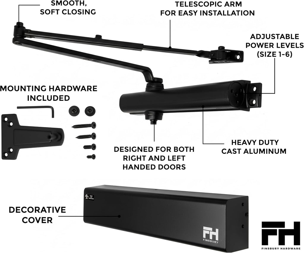 Finsbury Commercial Black Door Closer Automatic Heavy Duty High Traffic Adjustable ANSI/BHMA Grade 1 Standard, UL Listed ADA Compliant Hydraulic Backcheck Delayed Action Latch Speed 1-6 Power (Black)