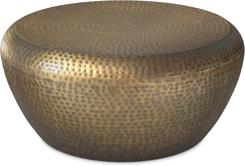 SIMPLIHOME Preston Drum Coffee Table - 36 inch Wide Iron Round Metal Table in Antique Gold, Modern Industrial Living Room Centerpiece with Hand-Hammered Texture and Sculptural Design, Assembled