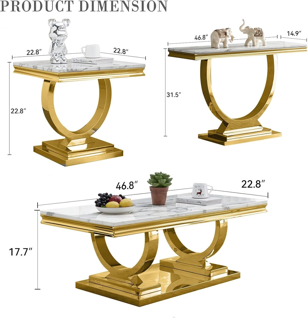 3 Pieces Living Room Table Set, Faux Marble Coffee Table Set of 3, Modern Coffee Table, Console Table and End Table with O-Shaped Stainless Steel Base for Living Room Office (White Gold)