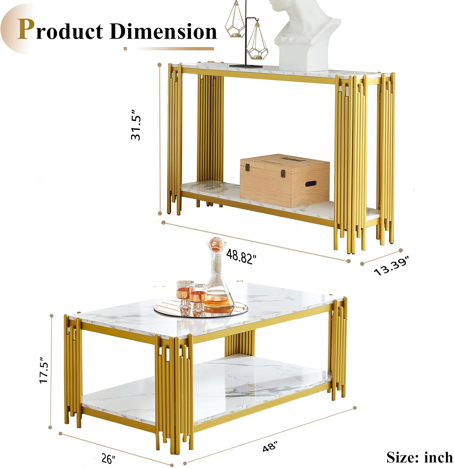 Elegant Faux Marble Coffee Table Set of 2 Modern White Faux Marble Coffee Table Console Table Set w/Gold Metal Frame 2 Piece Living Room Table Set with 1 Rectangle Coffee Table & Sofa Table