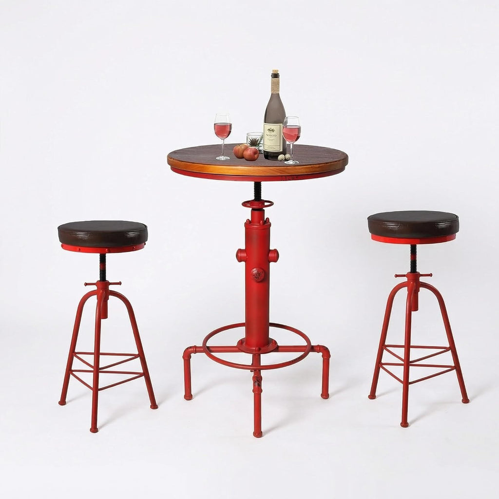 Topower 3 Piece Pub Bar Set Industrial Bar Table and PU Leather Seat Stools for 2, Adjustable Height Coffee Table Farmhouse Stool for Dining Room, Living Room, Coffee Shop, Antique Red