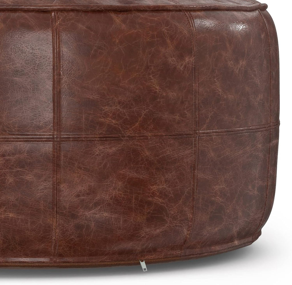 SIMPLIHOME Connor Coffee Table Pouf - 34 inch Wide Round Upholstered Genuine Leather Ottoman in Distressed Brown, Boho-Style Footrest, Extra Seating, or Coffee Table for Living Room, Assembled
