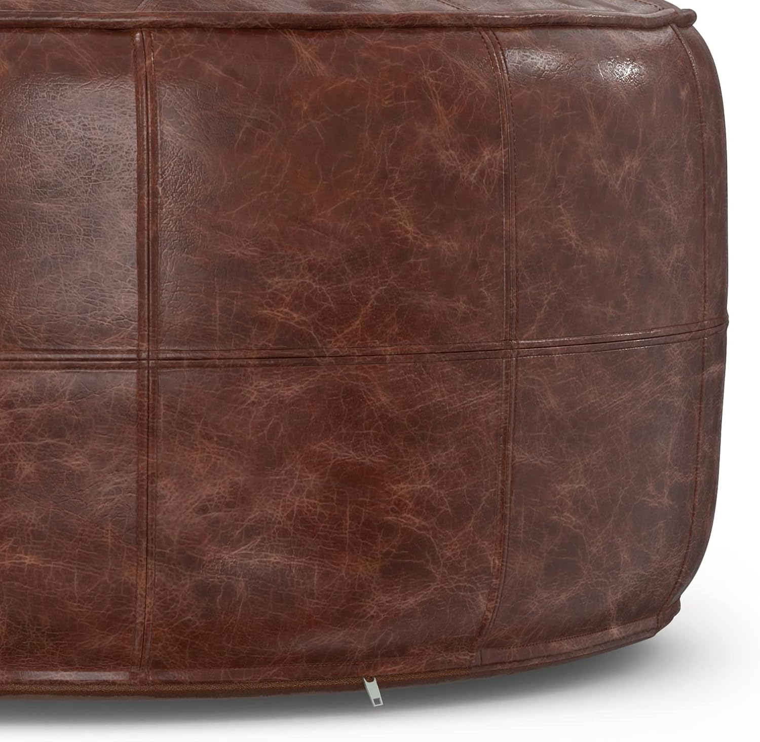 SIMPLIHOME Connor Coffee Table Pouf - 34 inch Wide Round Upholstered Genuine Leather Ottoman in Distressed Brown, Boho-Style Footrest, Extra Seating, or Coffee Table for Living Room, Assembled