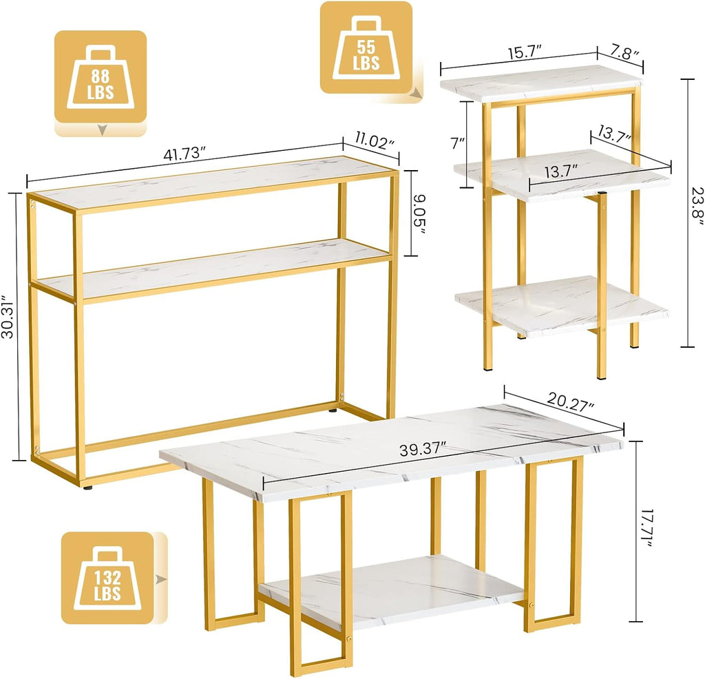 Lamerge Marble Coffee Table Set - 3 Piece Living Room Table Set with Metal Frame, Gold+White