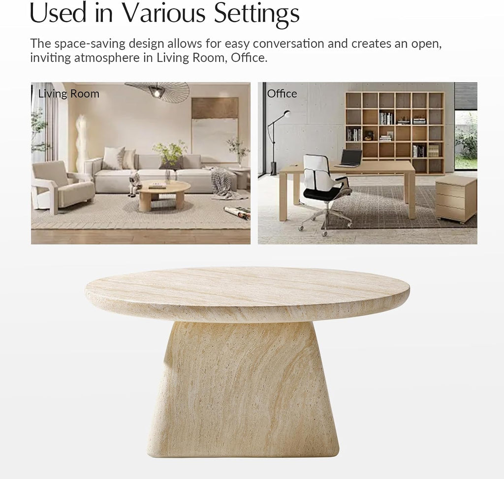 HULALA HOME Modern 31.88' Round Coffee Table with Stone-Look Finish and Sculpted Pedestal Base, Stylish Living Room Center Table(Natural)