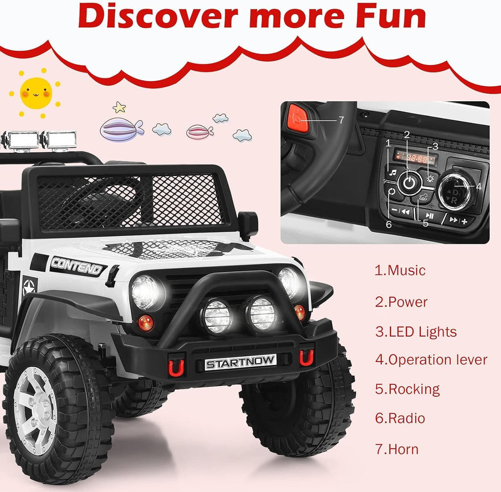 Costzon 2-Seater Ride on Truck, 12V Battery Powered Electric Vehicle w/Remote Control, 2 Speeds, Spring Suspension, LED Light, Horn, Music/ MP3, 2 Doors Open, Ride on Car for Kids (White)