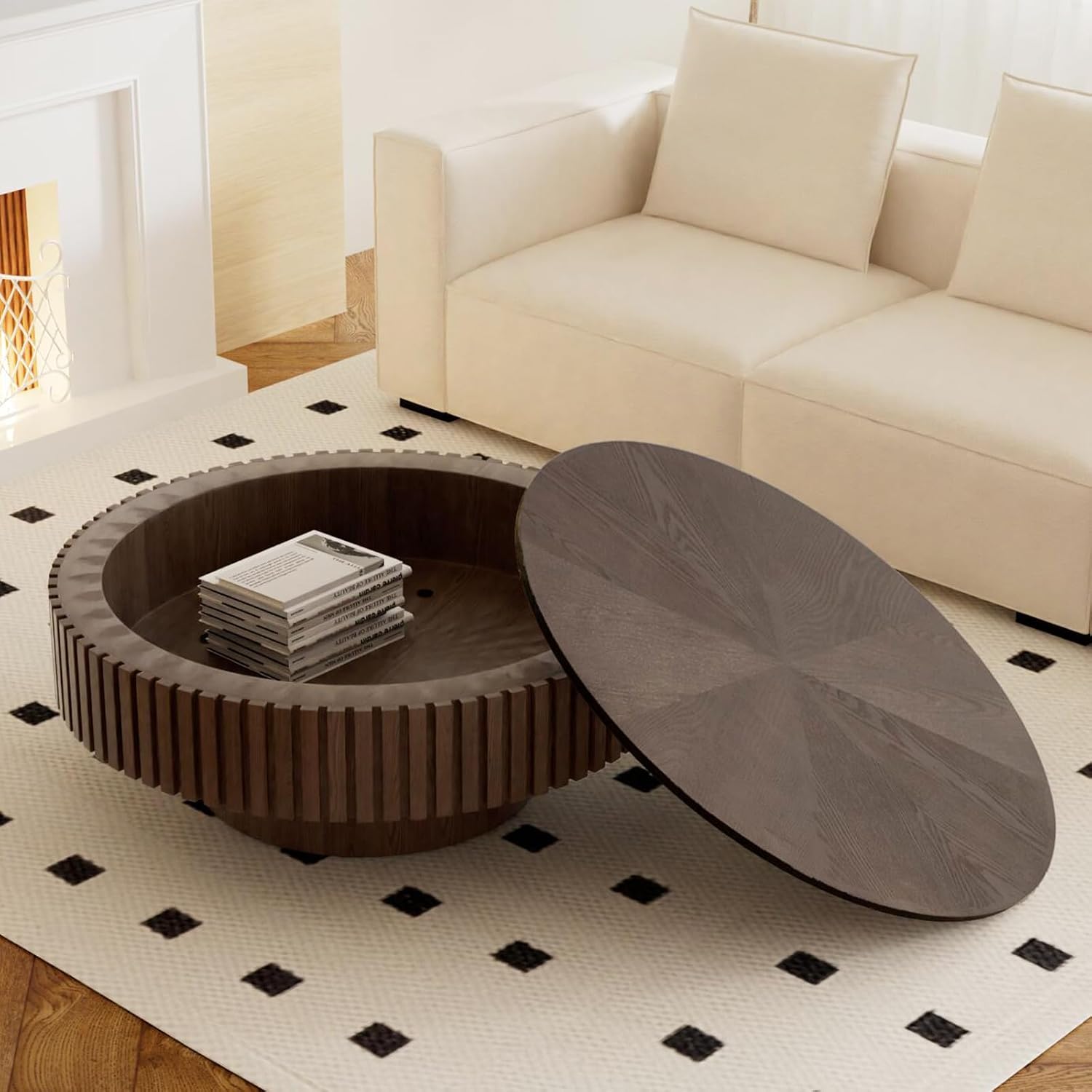 Round Coffee Table with Storage for Living Room Modern Brown Fluted Coffee Table Round Storage Drum Coffee Tables Low Circle Pedestal Center Table for Small Spaces (B Brown, 31.4 in)