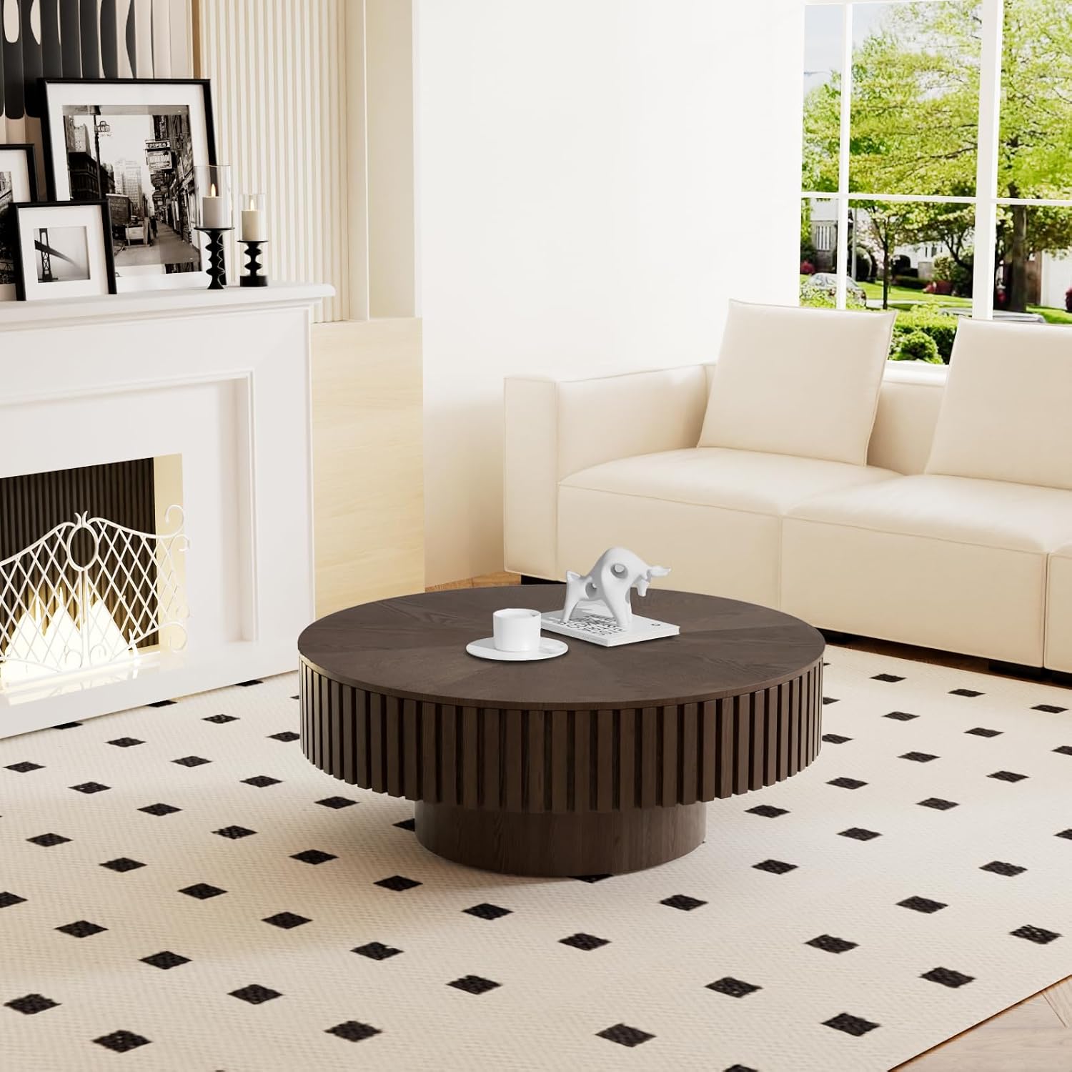 Round Coffee Table with Storage for Living Room Modern Brown Fluted Coffee Table Round Storage Drum Coffee Tables Low Circle Pedestal Center Table for Small Spaces (B Brown, 31.4 in)