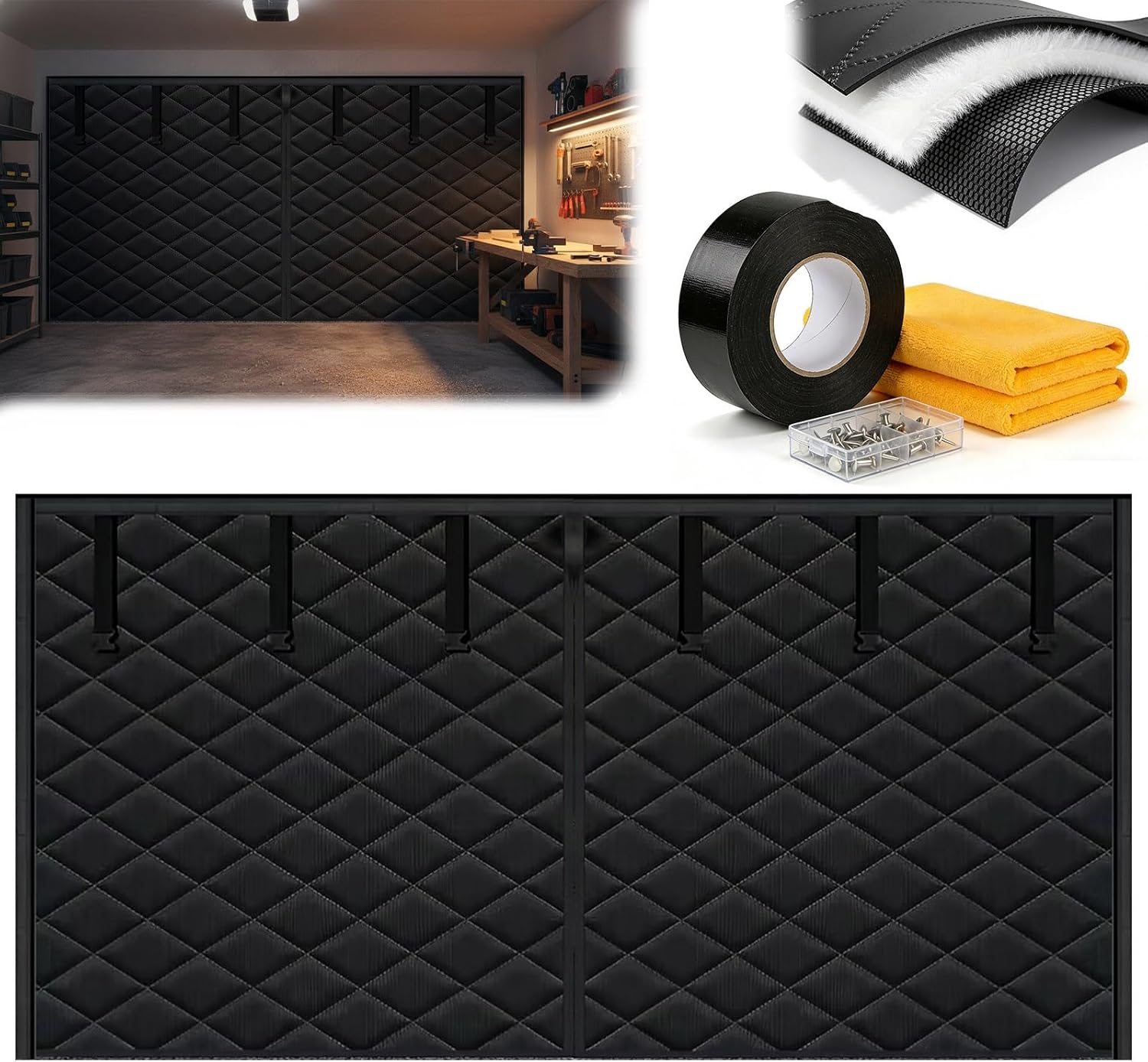 Garage Door Insulation Kit for Winter, Magnetic Thermal Screen Curtain for 2 Car Garage & Warehouse, Heavy Duty Soundproof Cotton Blanket, Windproof Draft Stopper Cover(Black,16x12FT)