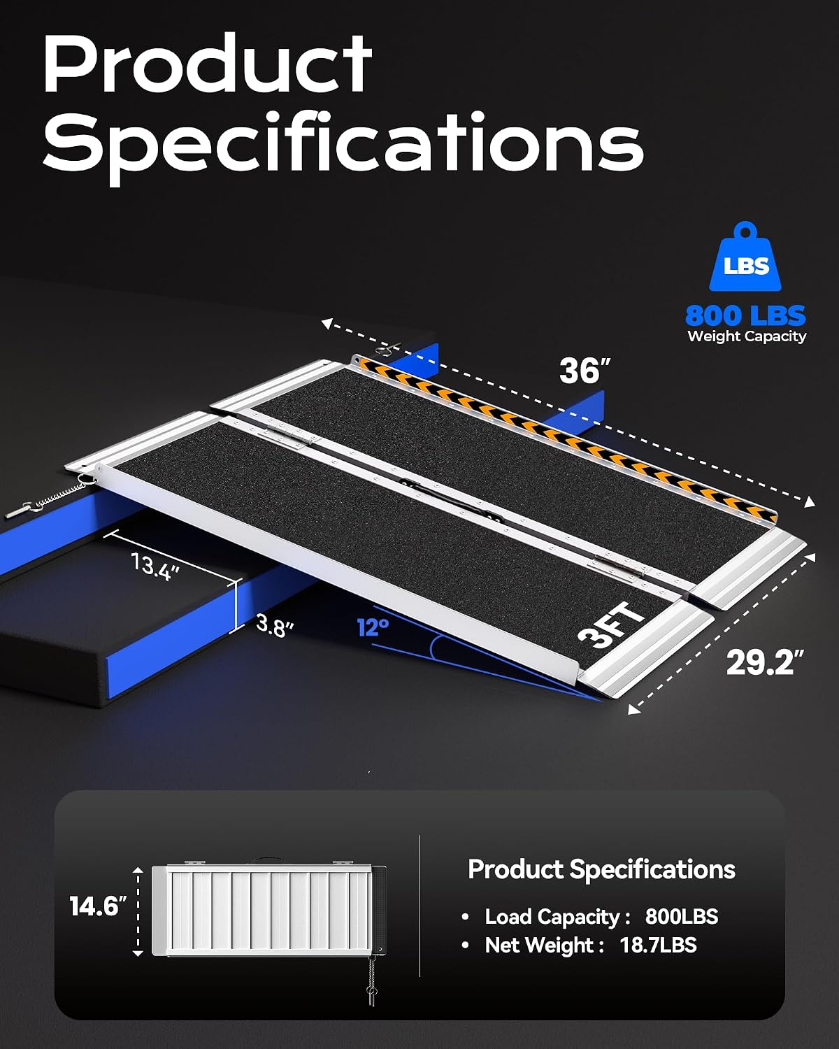 Portable Wheelchair Ramp 3FT, Non-Skid Aluminum Ramps for Wheelchairs for Home Steps, 800 LBS Capacity Handicap Ramp for Doorway, Threshold,Front Porch, Entry, Stairs 36' Lx 29.2' Wx2H