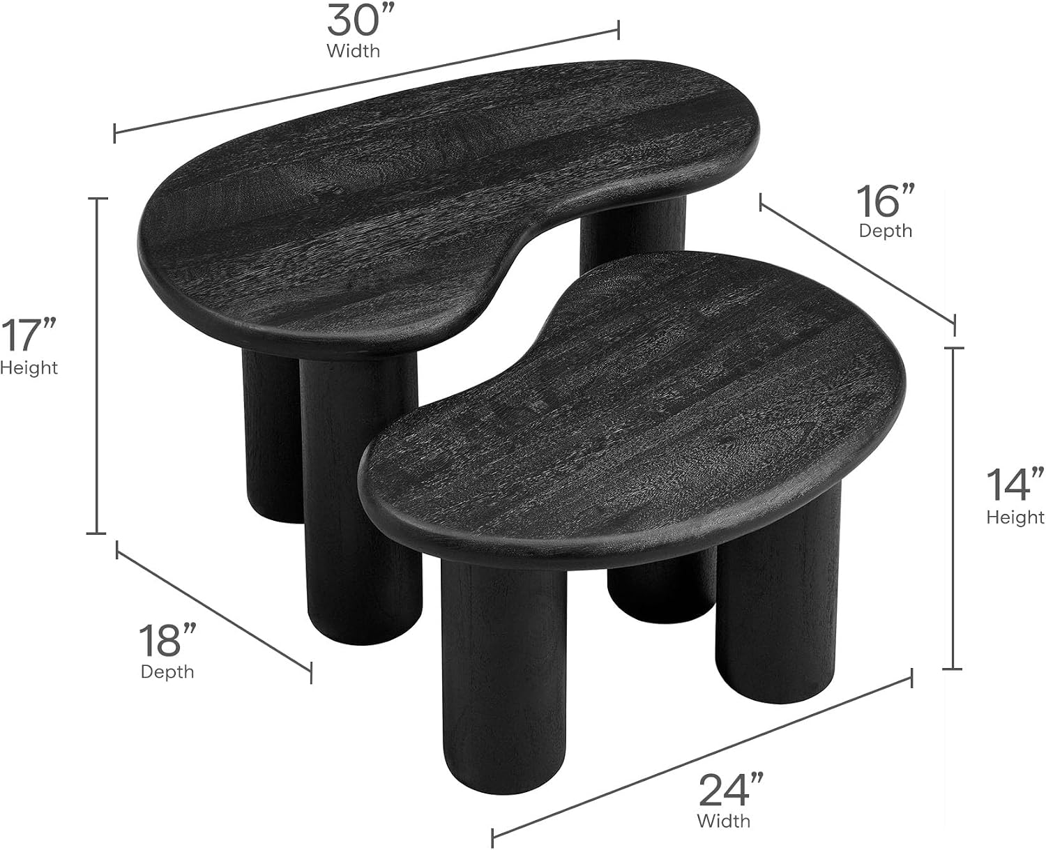 Modway Hackney Mango Wood Nesting Coffee Table Set in Black - 2 Piece Kidney-Shaped Wood Coffee Table for Living Room