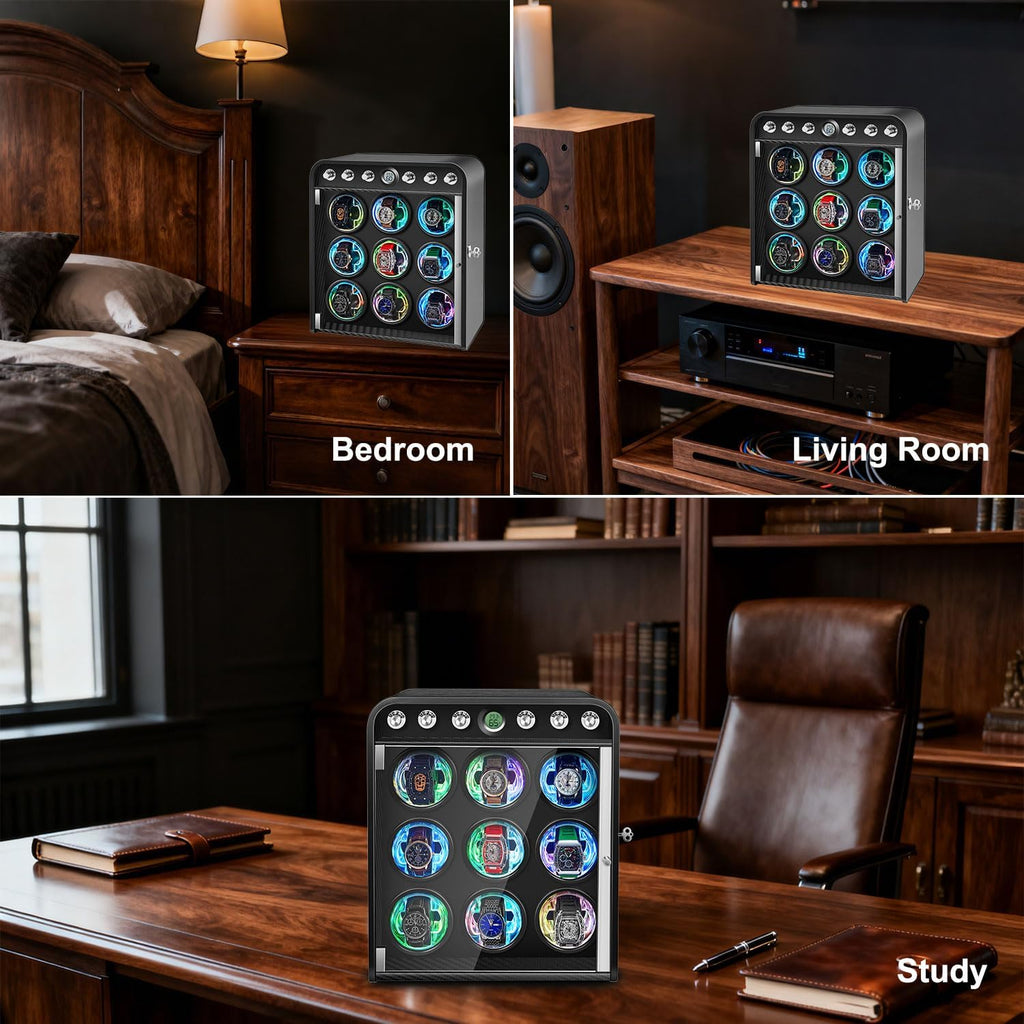 Watch Winder for Automatic Watches, Watch Winders Box 1/2/4/6/9 Slot for Rolex,Silent Motor, 4 Rotation Mode Setting,Built-in led Lights,Gift for Man