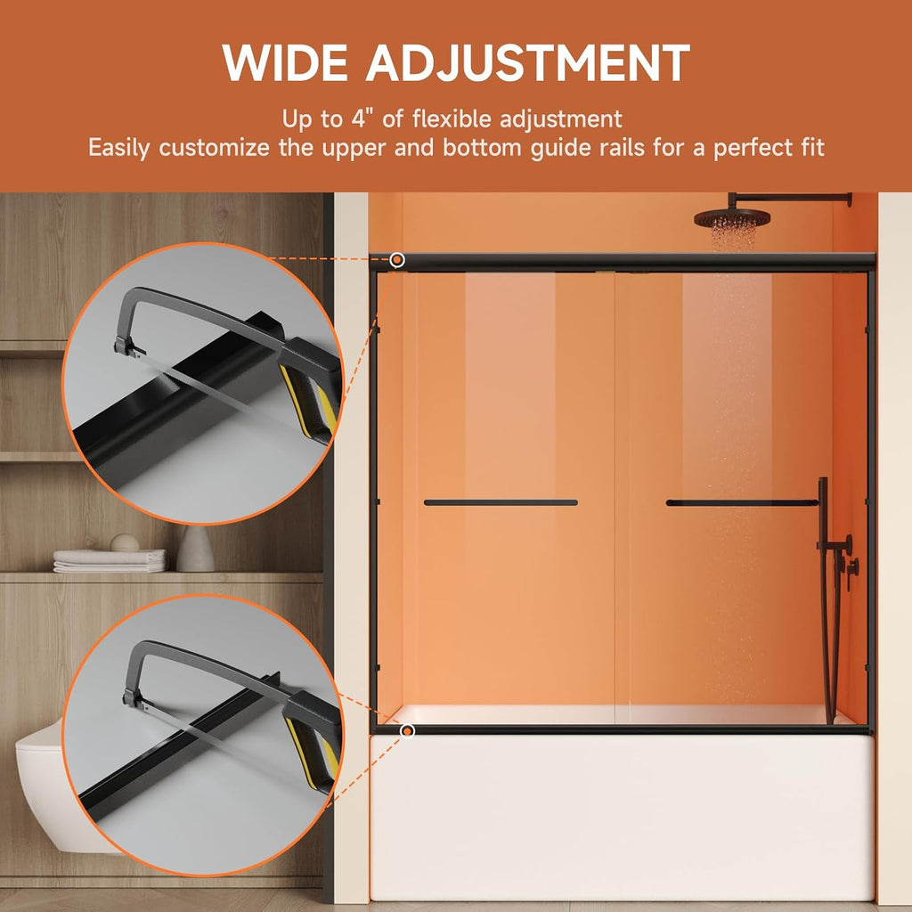 Bathtub Shower Door, 50-60' W x 57' H Shower Glass Door, Semi-Frameless Double Sliding Bathroom Tub Shower Door with 1/4 inch Clear Tempered Glass, Matte Black
