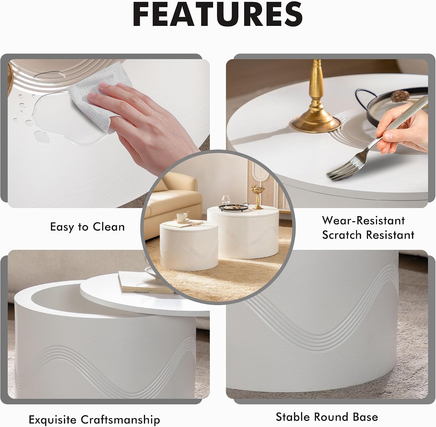 Round Nesting Coffee Table Set of 2, White Modern Coffee Table with Hidden Storage, Circle Coffee Tables for Living Room, No-Assembly Space-Saving Center Table End Side Table for Home Office