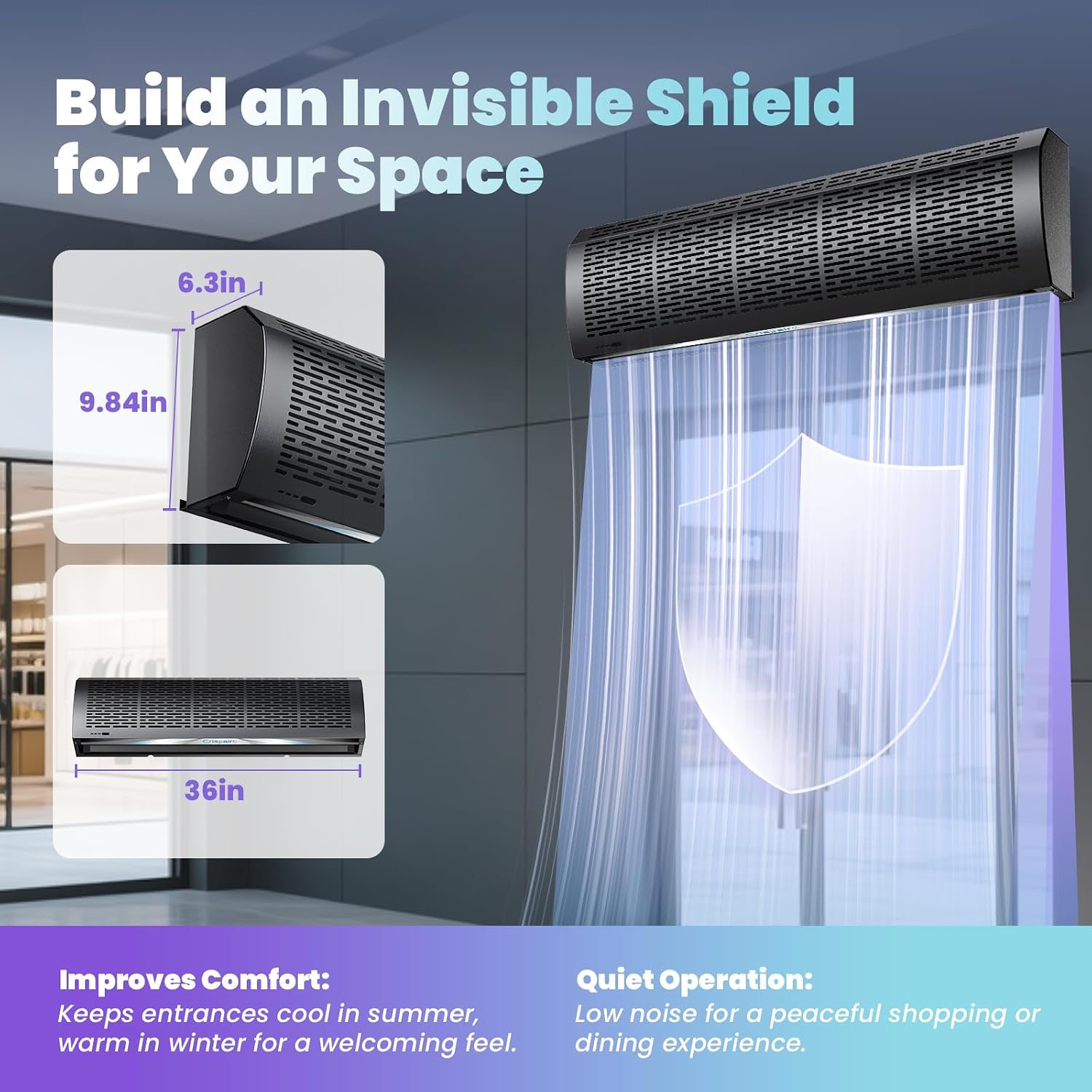 36' Black Air Curtain with Magnetic Door Switch 1527 CFM/2559 FPM Two-Speed Adjustable 180W Powerful Commercial Indoor Air Door Easy Installation Industrial Fan (Not an air conditioner)